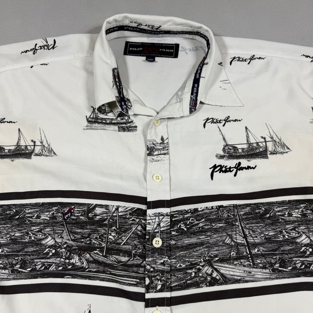 Vintage Phat Farm Mens XL Nautical Ship Print Short Slv Button Down Shirt White